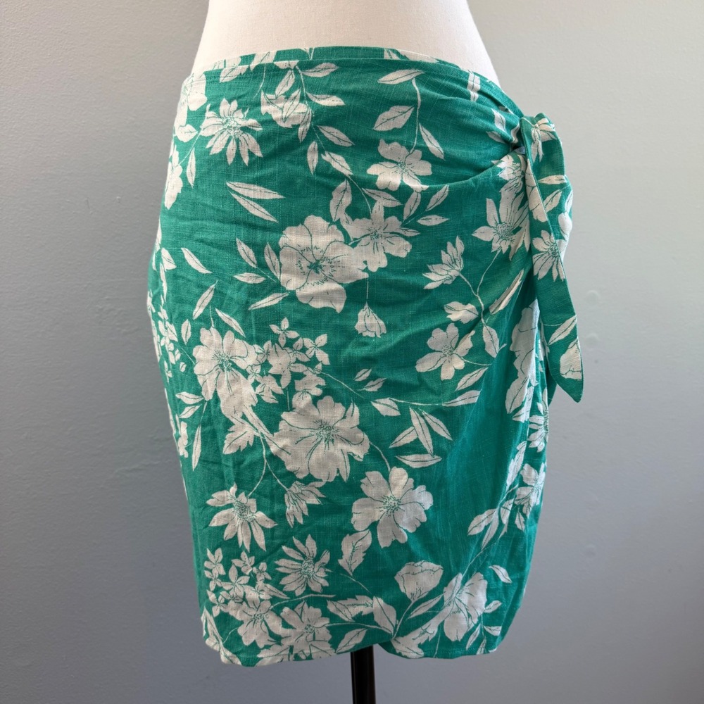 LC Lauren Conrad Large Floral Faux Wrap Skirt Teal Green Linen Blend NWT Beach